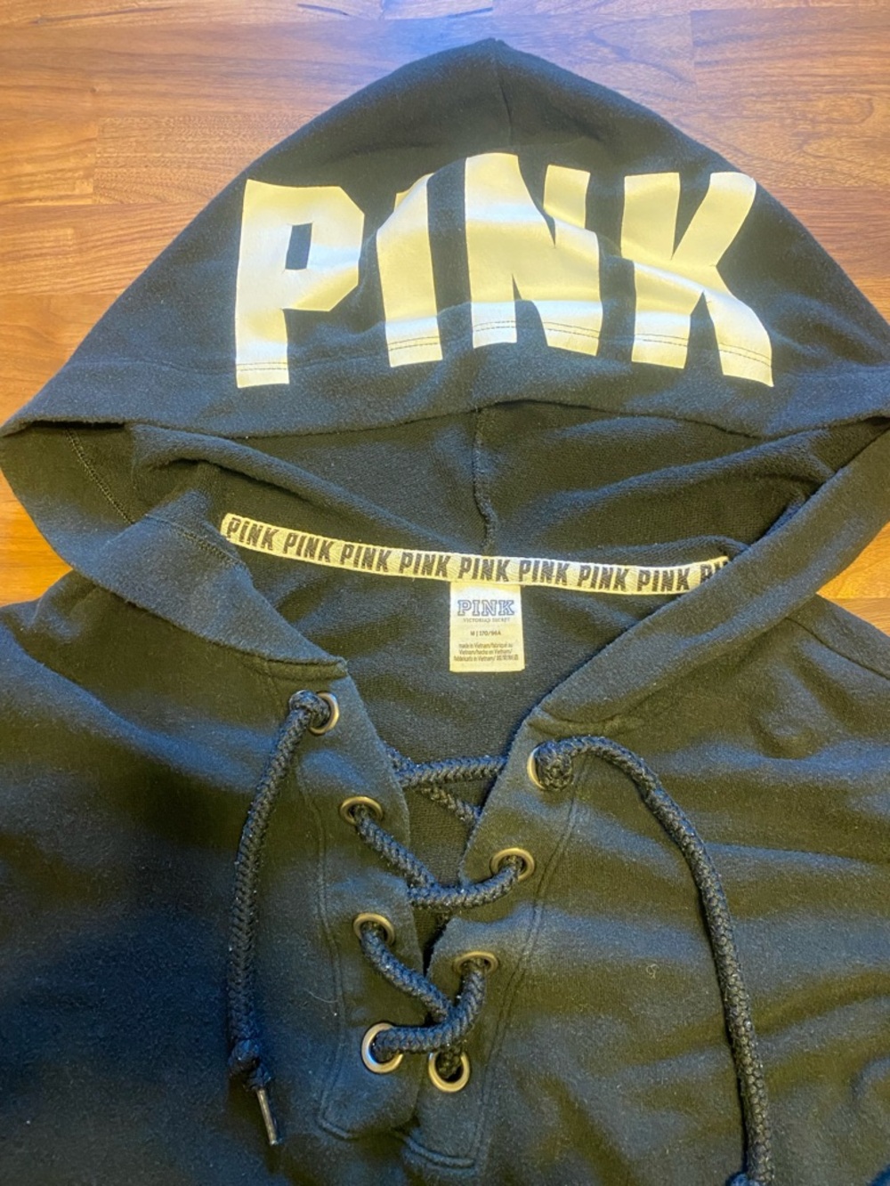 PINK Victoria's Secret oversized Black Lace-Up Hoodie with White Logo